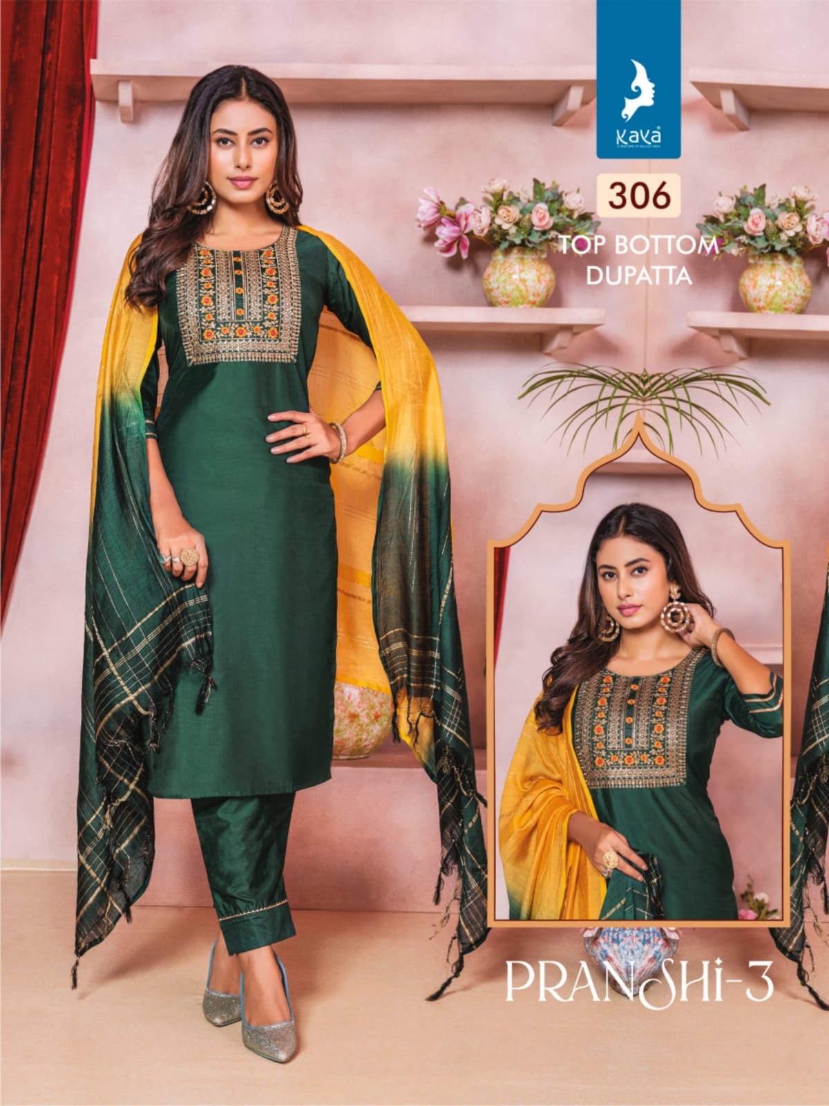 Pranshi 3 By Kaya Chanderi Silk Designer Kurti With Bottom Dupatta Wholesale Online
